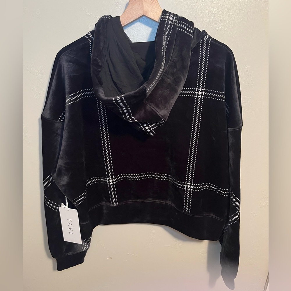 Tavi Campfire Hoodie Size Large Black White Window Pane Stripes Cropped Velour - Picture 8 of 14